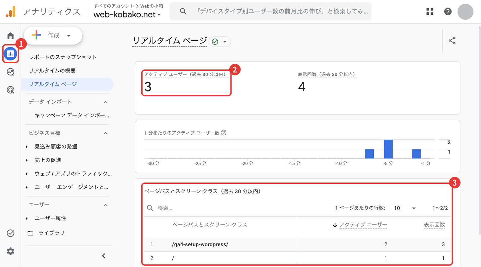 GA4のリアルタイムレポート。アクティブユーザー数と、見られているページの一覧が表示されている
